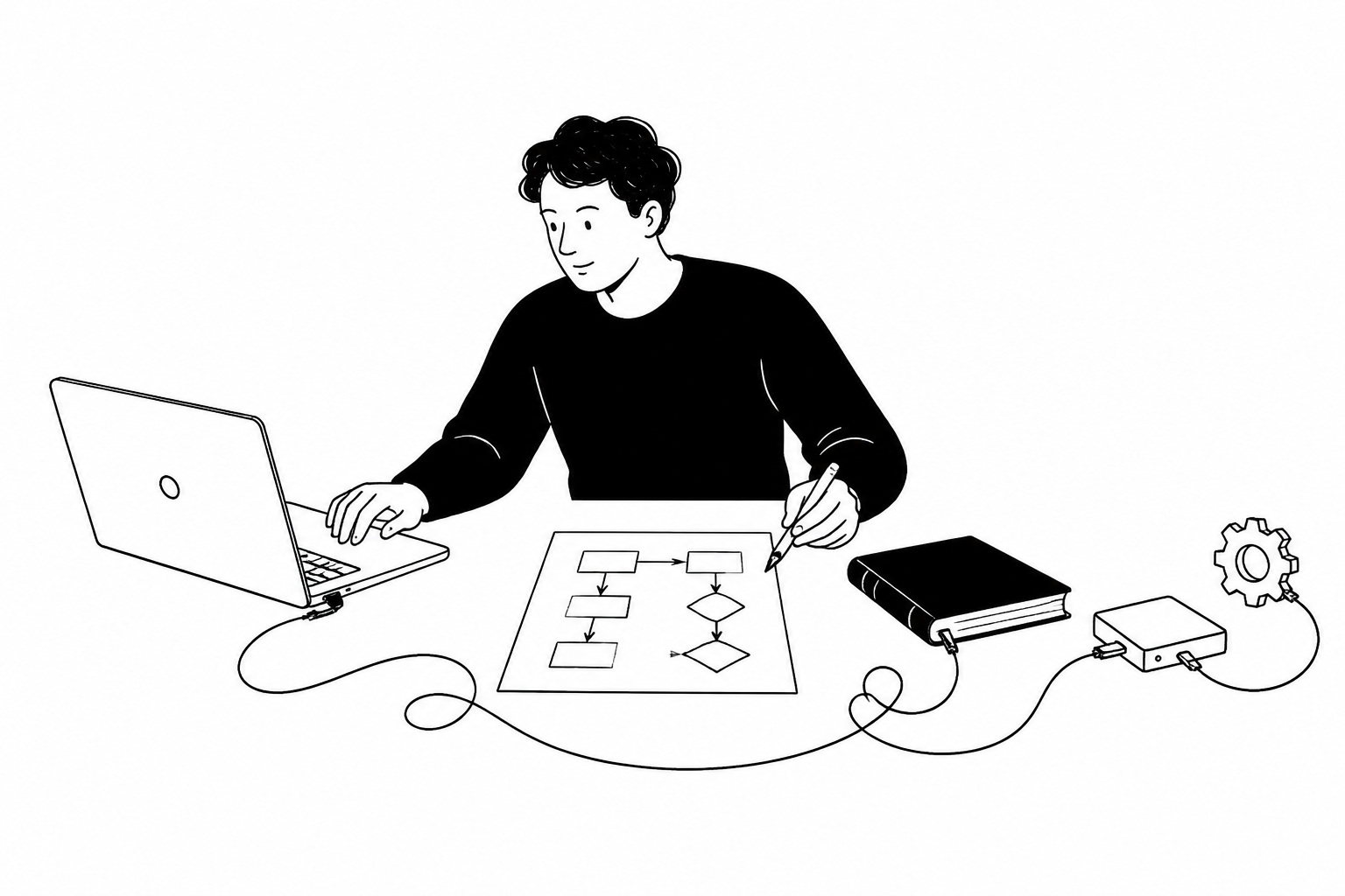 Una persona che collega un laptop, un diagramma, un libro e alcuni strumenti di lavoro.